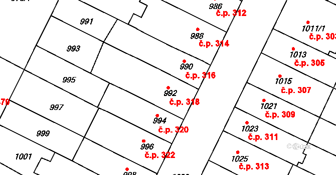 Hrušovany u Brna 318 na parcele st. 992 v KÚ Hrušovany u Brna, Katastrální mapa