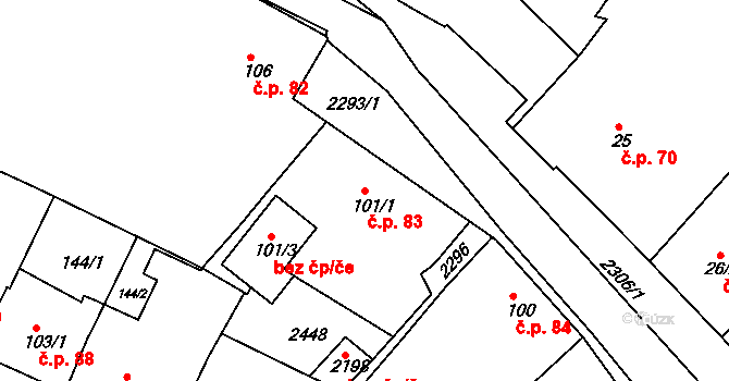 Tišnov 83 na parcele st. 101/1 v KÚ Tišnov, Katastrální mapa