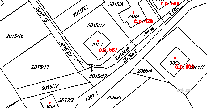 Ostravice 587 na parcele st. 3121 v KÚ Ostravice 1, Katastrální mapa
