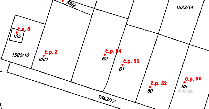 Ponědrážka 54 na parcele st. 62 v KÚ Ponědrážka, Katastrální mapa