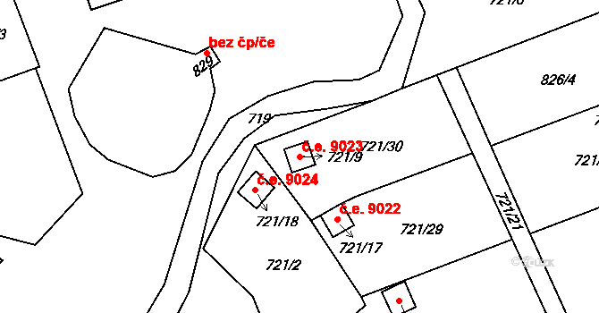 Chlumec 9023 na parcele st. 721/9 v KÚ Chlumec u Chabařovic, Katastrální mapa