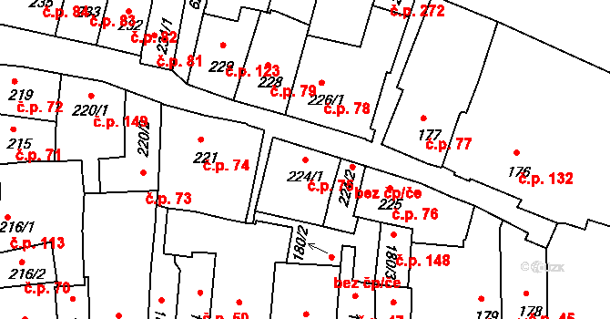 Zámostí 75, Třebíč na parcele st. 224/1 v KÚ Podklášteří, Katastrální mapa