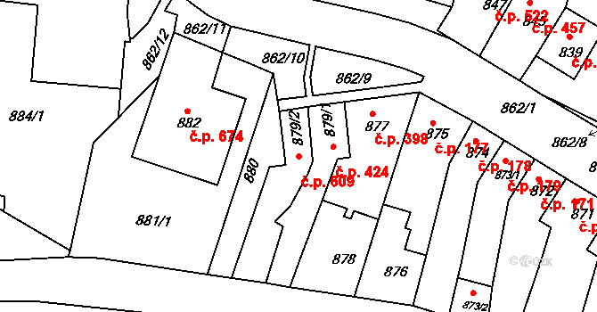 Starý Lískovec 609, Brno na parcele st. 879/2 v KÚ Starý Lískovec, Katastrální mapa