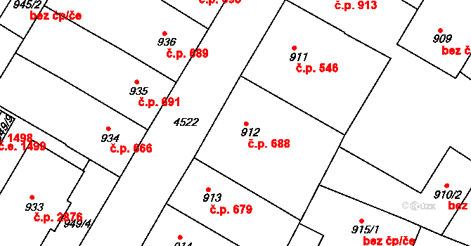 Teplice 688 na parcele st. 912 v KÚ Teplice, Katastrální mapa
