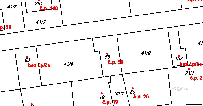 Borek 58 na parcele st. 65 v KÚ Borek nad Labem, Katastrální mapa