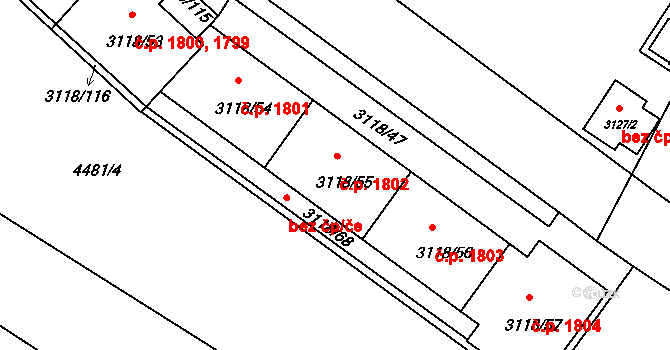 Strašnice 1802, Praha na parcele st. 3118/55 v KÚ Strašnice, Katastrální mapa
