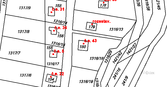 Podmoky 43 na parcele st. 180 v KÚ Podmoky u Golčova Jeníkova, Katastrální mapa