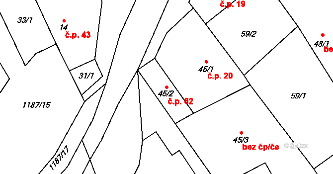 Liběšovice 62, Blšany na parcele st. 45/2 v KÚ Liběšovice, Katastrální mapa