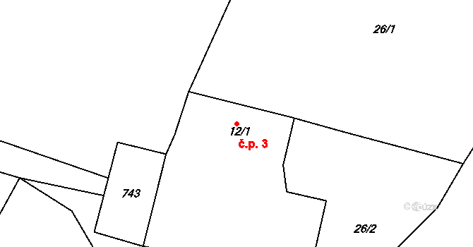 Vackov 3, Plesná na parcele st. 12/1 v KÚ Vackov, Katastrální mapa