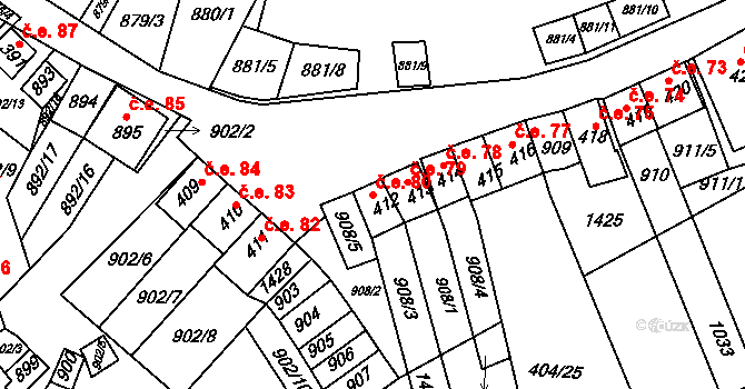 Chvalovice 80 na parcele st. 412 v KÚ Chvalovice, Katastrální mapa