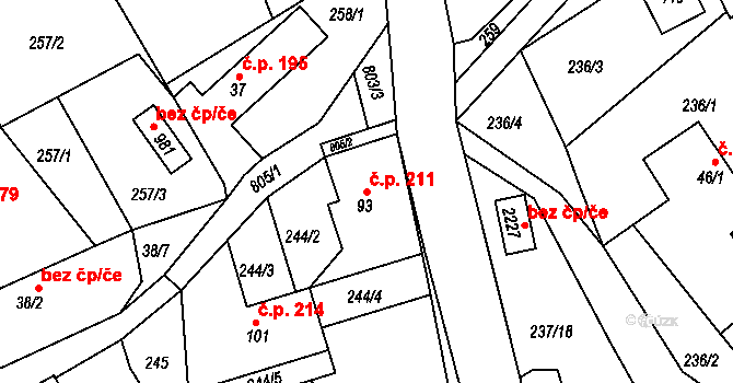 Brunšov 211, Hradištko na parcele st. 93 v KÚ Hradištko pod Medníkem, Katastrální mapa