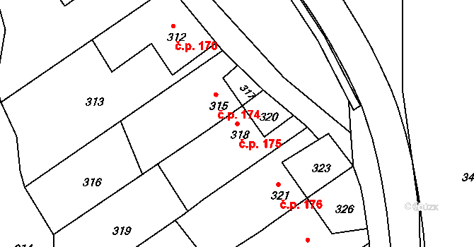 Olomučany 175 na parcele st. 318 v KÚ Olomučany, Katastrální mapa