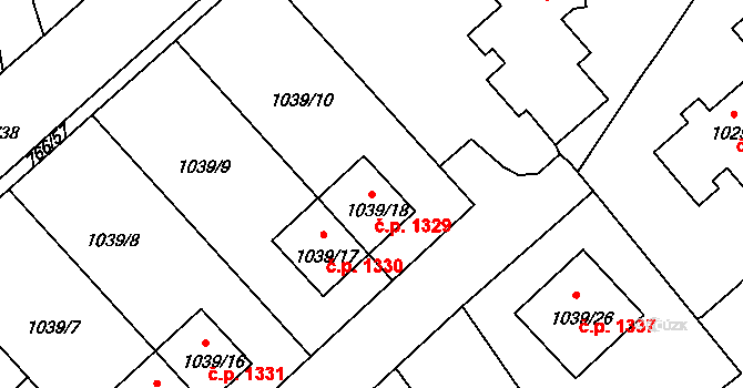 Kopřivnice 1329 na parcele st. 1039/18 v KÚ Kopřivnice, Katastrální mapa