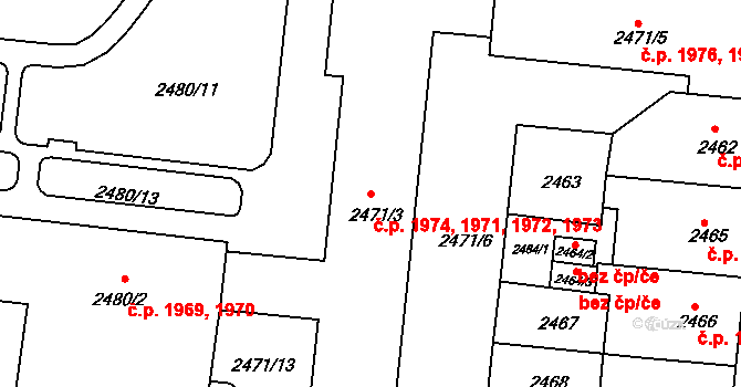 Louny 1971,1972,1973,1974 na parcele st. 2471/3 v KÚ Louny, Katastrální mapa