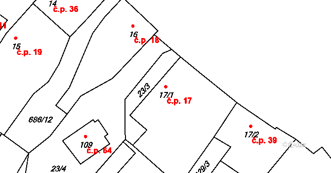 Olešenka 17 na parcele st. 17/1 v KÚ Olešenka, Katastrální mapa