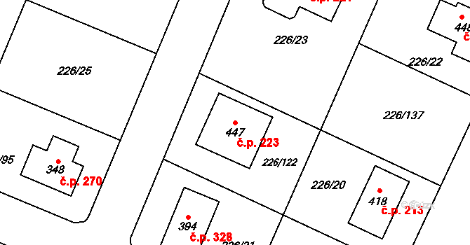 Písková Lhota 223 na parcele st. 447 v KÚ Písková Lhota, Katastrální mapa