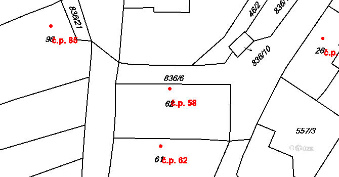 Horšice 58 na parcele st. 62 v KÚ Horšice, Katastrální mapa