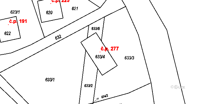 Kyjovice 277 na parcele st. 633/4 v KÚ Kyjovice ve Slezsku, Katastrální mapa