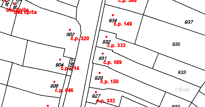 Koryčany 189 na parcele st. 931 v KÚ Koryčany, Katastrální mapa