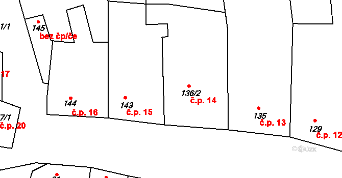 Tvorovice 14 na parcele st. 136/2 v KÚ Tvorovice, Katastrální mapa