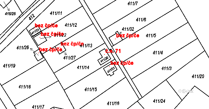 Lyžbice 71, Třinec na parcele st. 411/30 v KÚ Lyžbice, Katastrální mapa
