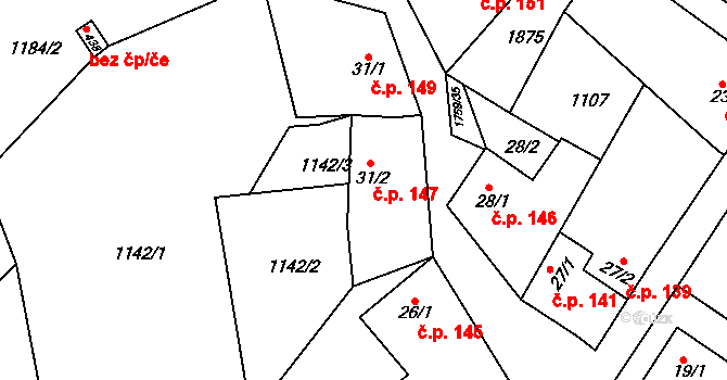 Jevišovice 147 na parcele st. 31/2 v KÚ Jevišovice, Katastrální mapa