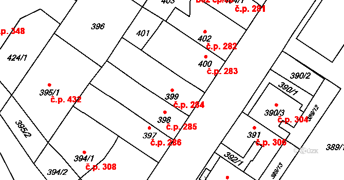 Brodek u Přerova 284 na parcele st. 399 v KÚ Brodek u Přerova, Katastrální mapa