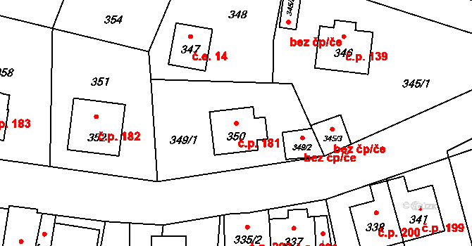 Černé Budy 181, Sázava na parcele st. 350 v KÚ Černé Budy, Katastrální mapa