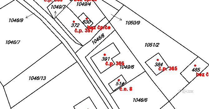 Hazlov 366 na parcele st. 391 v KÚ Hazlov, Katastrální mapa