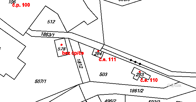 Bratronice 111 na parcele st. 284 v KÚ Bratronice u Kladna, Katastrální mapa