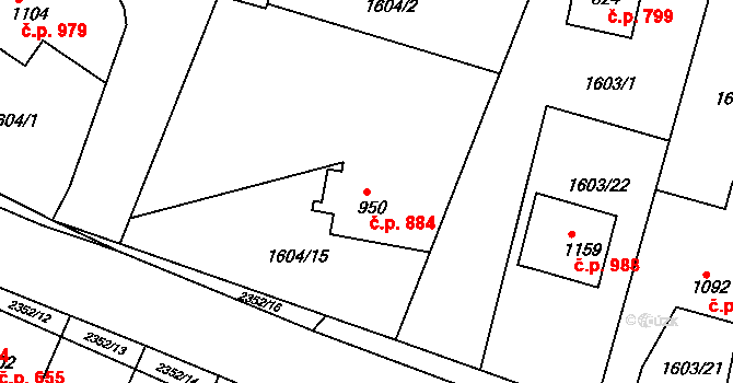 Tišnov 884 na parcele st. 950 v KÚ Tišnov, Katastrální mapa