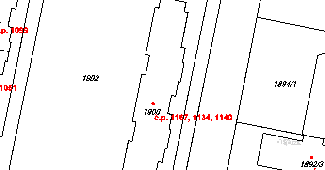 Kladno 1134,1140,1167 na parcele st. 1900 v KÚ Kladno, Katastrální mapa
