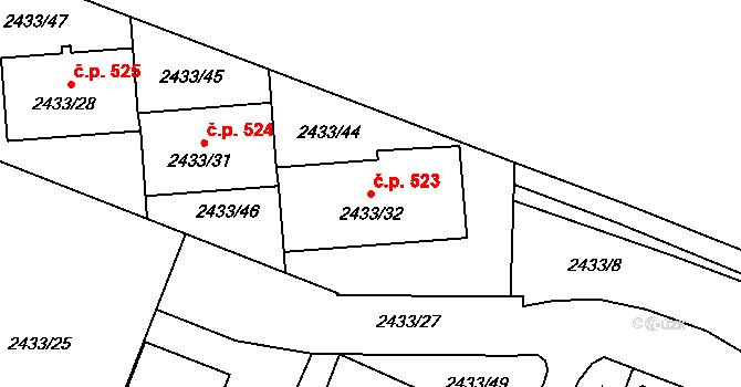 Dačice V 523, Dačice na parcele st. 2433/32 v KÚ Dačice, Katastrální mapa