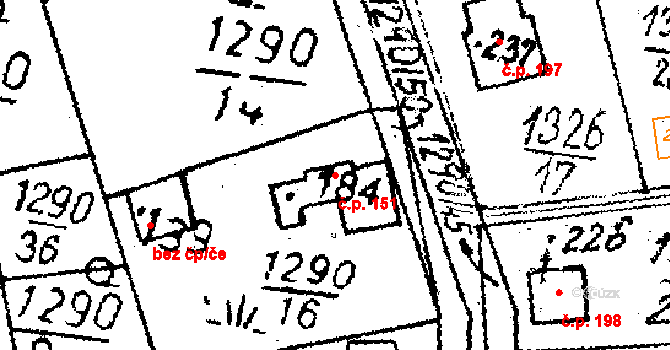 Dlouhý Újezd 151 na parcele st. 184 v KÚ Dlouhý Újezd, Katastrální mapa