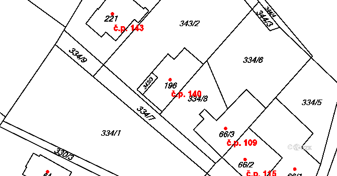 Pustá Kamenice 140 na parcele st. 196 v KÚ Pustá Kamenice, Katastrální mapa