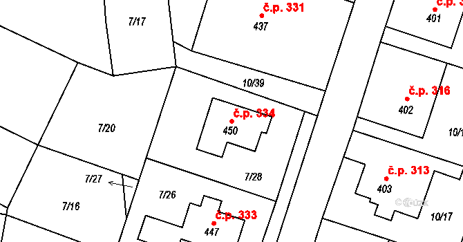 Vodochody 334, Straškov-Vodochody na parcele st. 450 v KÚ Vodochody, Katastrální mapa