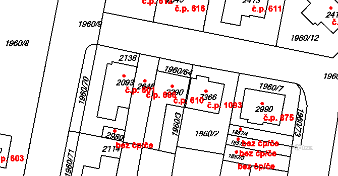 Borovina 610, Třebíč na parcele st. 2290 v KÚ Třebíč, Katastrální mapa