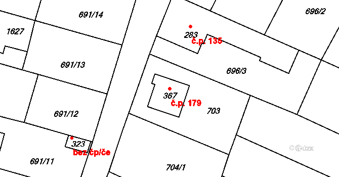 Ústí 179 na parcele st. 367 v KÚ Ústí u Vsetína, Katastrální mapa