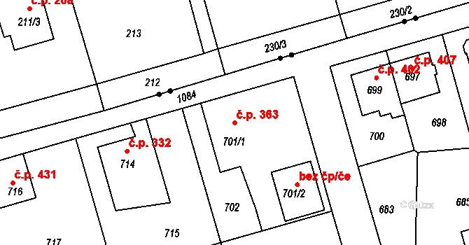 Liberec VII-Horní Růžodol 363, Liberec na parcele st. 701/1 v KÚ Horní Růžodol, Katastrální mapa