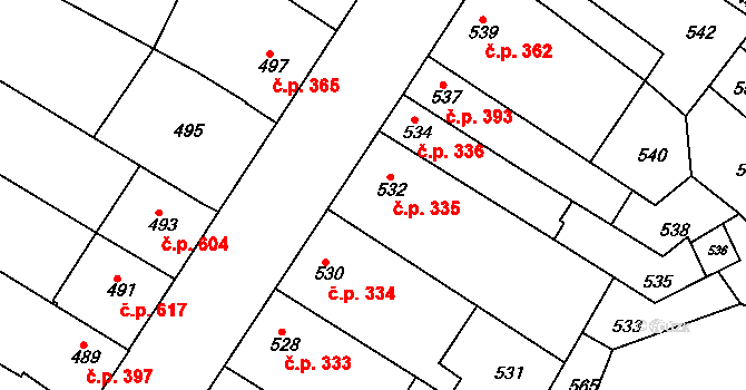 Blučina 335 na parcele st. 532 v KÚ Blučina, Katastrální mapa
