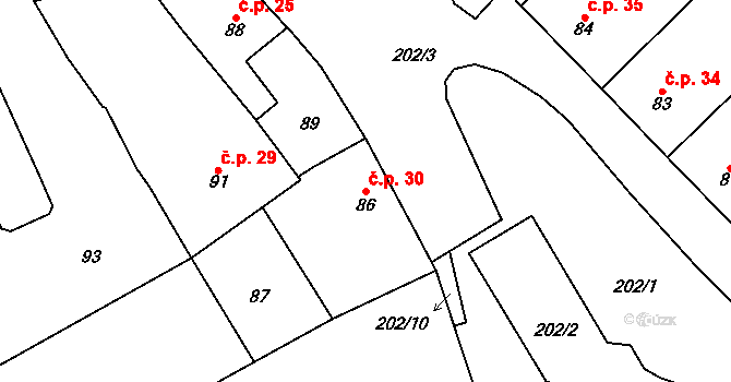 Nuzířov 30, Malhostovice na parcele st. 86 v KÚ Nuzířov, Katastrální mapa