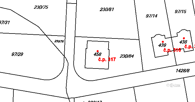Vysoká nad Labem 317 na parcele st. 458 v KÚ Vysoká nad Labem, Katastrální mapa