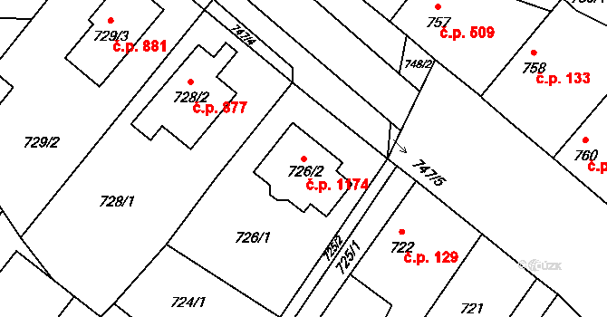 Holice 1174 na parcele st. 726/2 v KÚ Holice v Čechách, Katastrální mapa