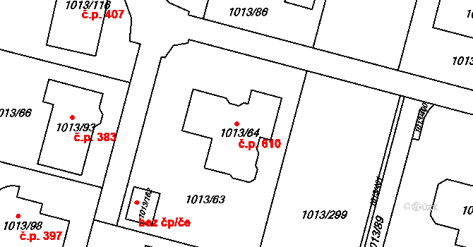 Moravany 610 na parcele st. 1013/64 v KÚ Moravany u Brna, Katastrální mapa