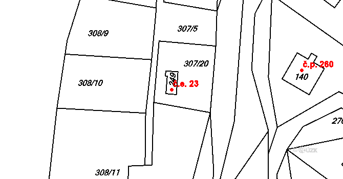Tuchoměřice 23 na parcele st. 249 v KÚ Kněžívka, Katastrální mapa