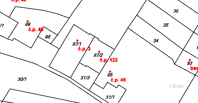 Podmokly 122 na parcele st. 97/2 v KÚ Podmokly nad Berounkou, Katastrální mapa