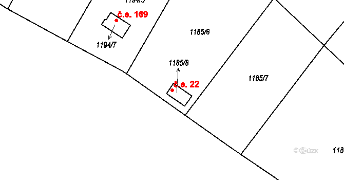 Olomučany 22 na parcele st. 1185/8 v KÚ Olomučany, Katastrální mapa