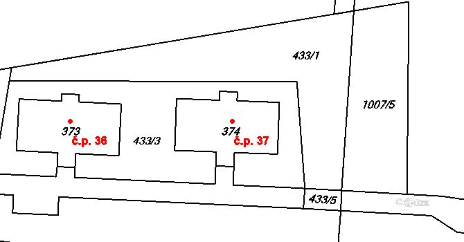 Starý Maletín 37, Maletín na parcele st. 374 v KÚ Starý Maletín, Katastrální mapa