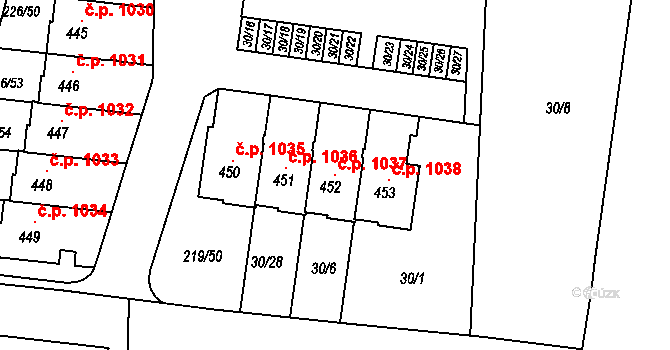 Vysoký Újezd 1037 na parcele st. 452 v KÚ Vysoký Újezd u Berouna, Katastrální mapa