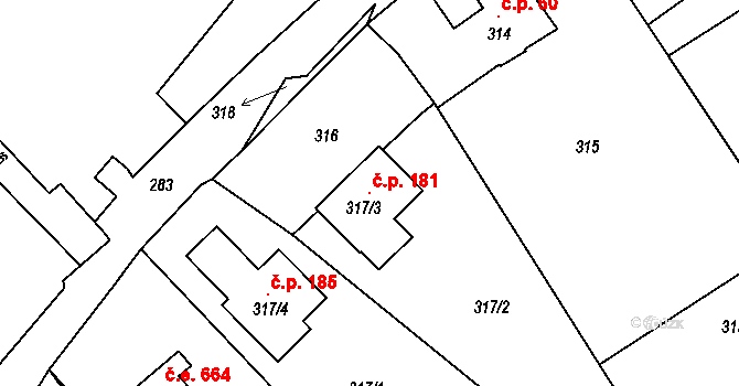 Zahořany 181 na parcele st. 317/3 v KÚ Zahořany u Mníšku pod Brdy, Katastrální mapa